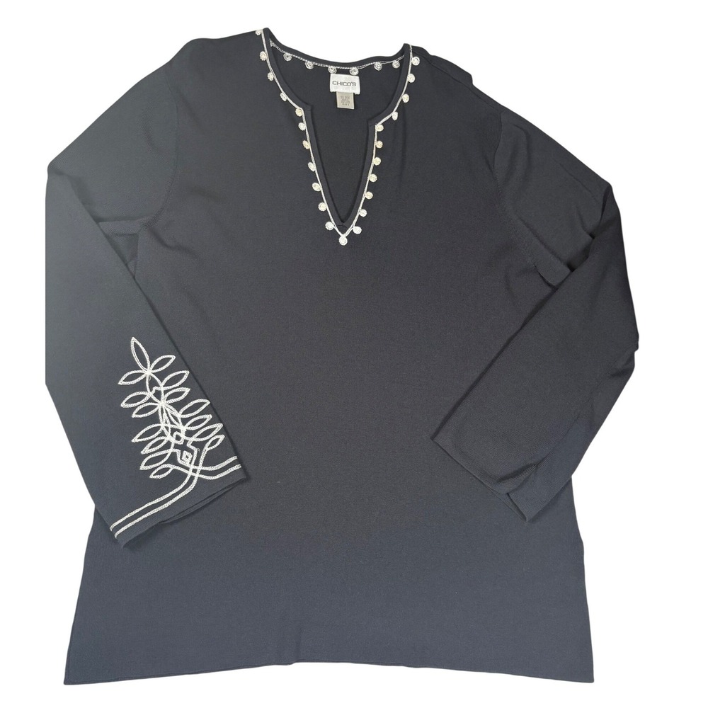 Chico's Black Embroidered Knit Tunic Top Split V-Neck Long Sleeve Size 3 XL Boho - Picture 5 of 11